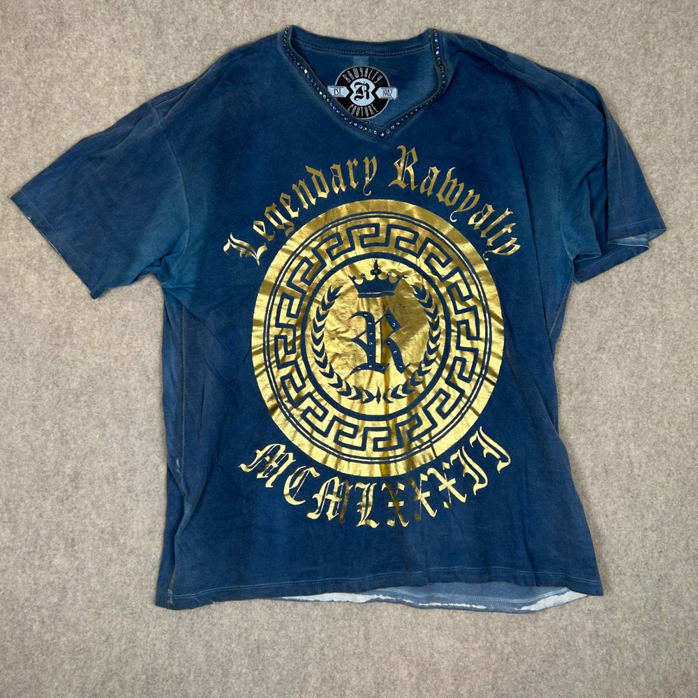 Rawyalty Couture T-Shirt Mens‎ 3X Blue Gold Foil Rhinestone V-Neck Streetwear